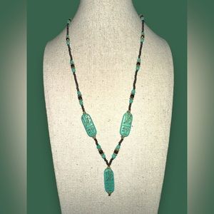 Aqua, Gold, Hematite Czech beaded Egyptian Cartouche Hieroglyphics Necklace 20”